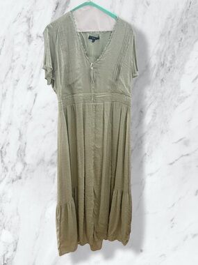 Lulu's Light Olive V-neck Swiss Dot Midi Dress